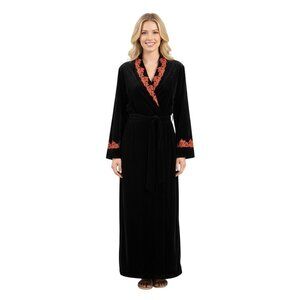Diamond Tea Vintage Black Velvet Red Leaf Embroidered Robe Unique One Size